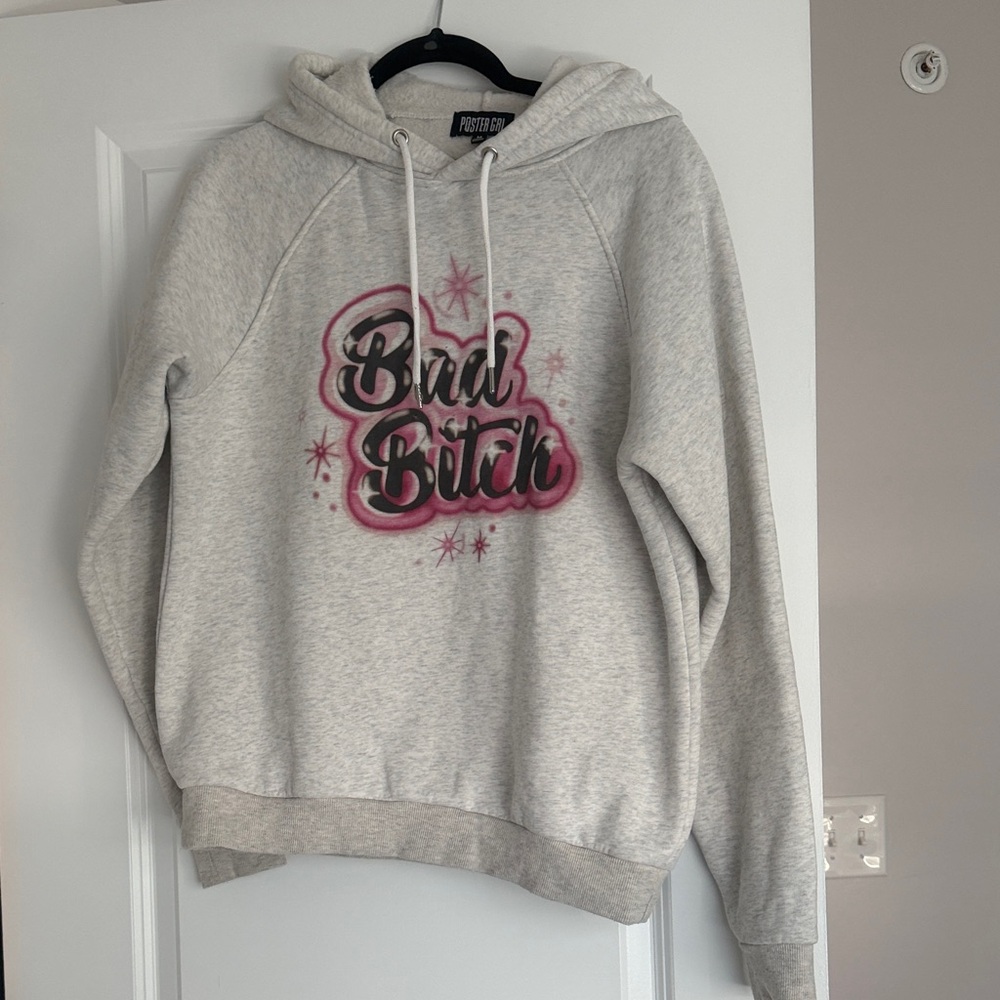 POSTER GIRL Light Gray Hoodie with Pink Graphic